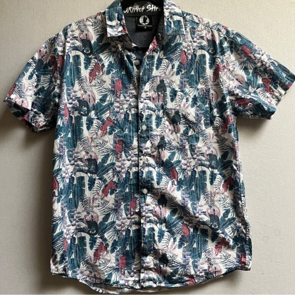 Fearless Illustration Monkey Tropical Printed Short Sleeve Button Down Shirt Sz